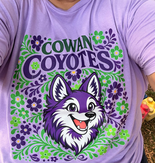 Cowan Coyotes Floral Spirit Shirt | Purple & Green School T-Shirt
