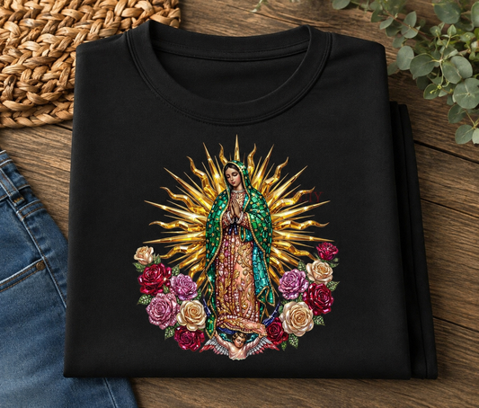 Lady of Guadalupe Floral Black T-Shirt | Catholic Faith Shirt | Religious Graphic Tee | Blessed Virgin Mary Gift