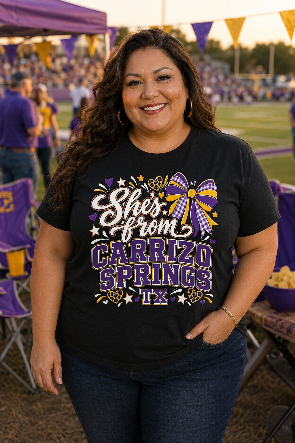She’s From Carrizo Springs TX Shirt – Purple and Gold Hometown Pride Tee
