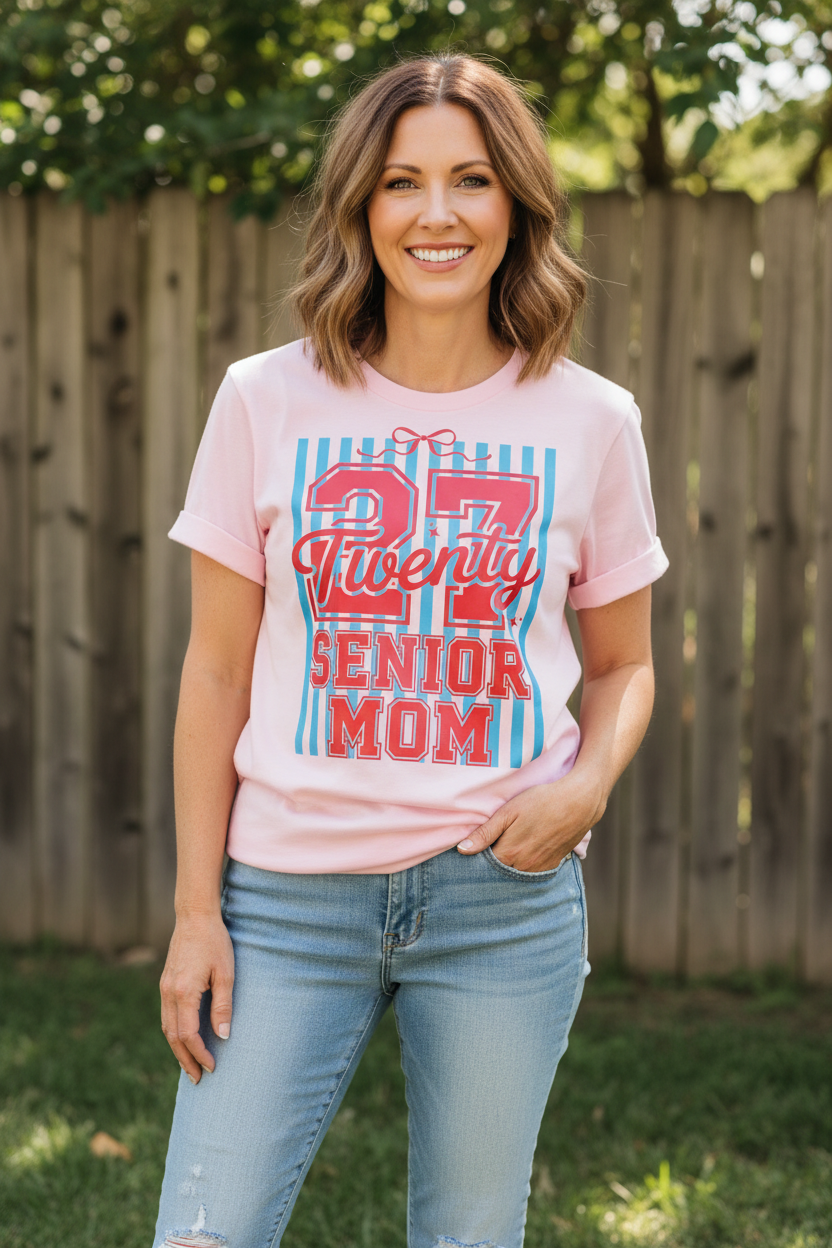 2027 Senior Mom Shirt – Pink & Blue Varsity Bow Graphic Tee