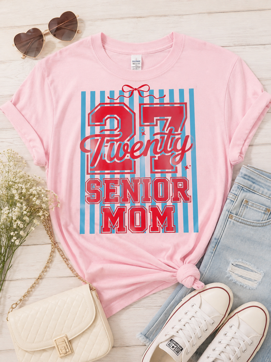 2027 Senior Mom Shirt – Pink & Blue Varsity Bow Graphic Tee