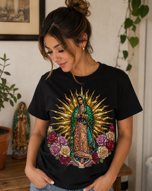 Lady of Guadalupe Floral Black T-Shirt | Catholic Faith Shirt | Religious Graphic Tee | Blessed Virgin Mary Gift