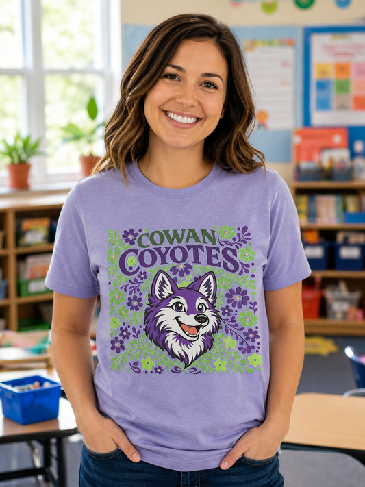 Cowan Coyotes Floral Spirit Shirt | Purple & Green School T-Shirt