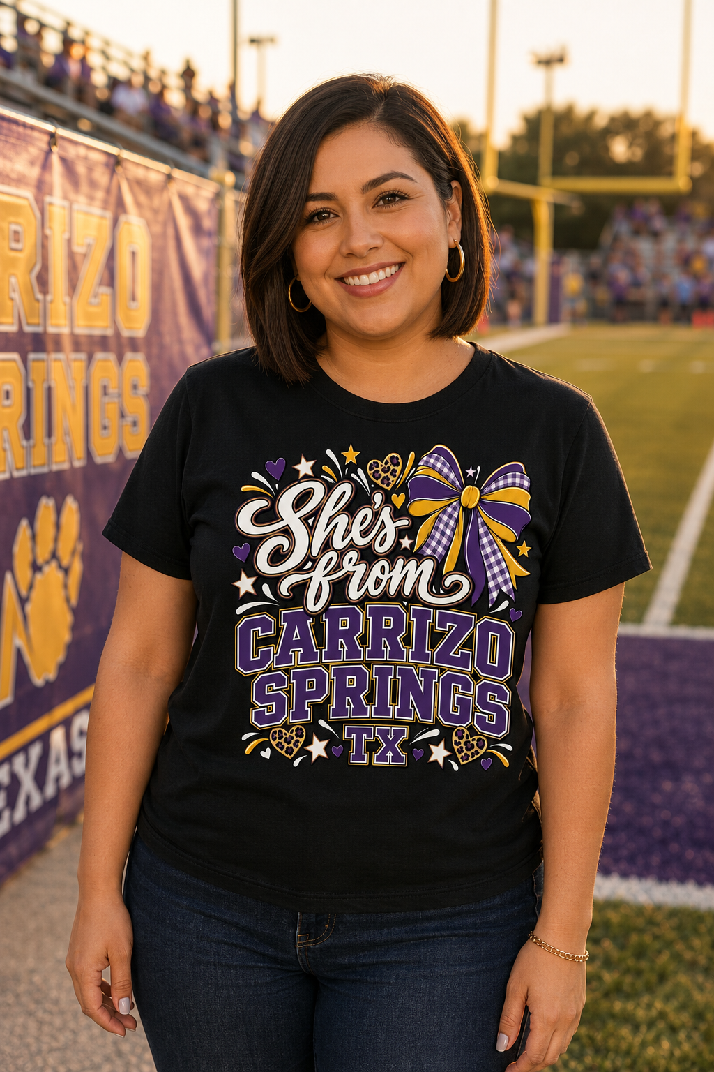 She’s From Carrizo Springs  TX Shirt – Purple and Gold Hometown Pride Tee